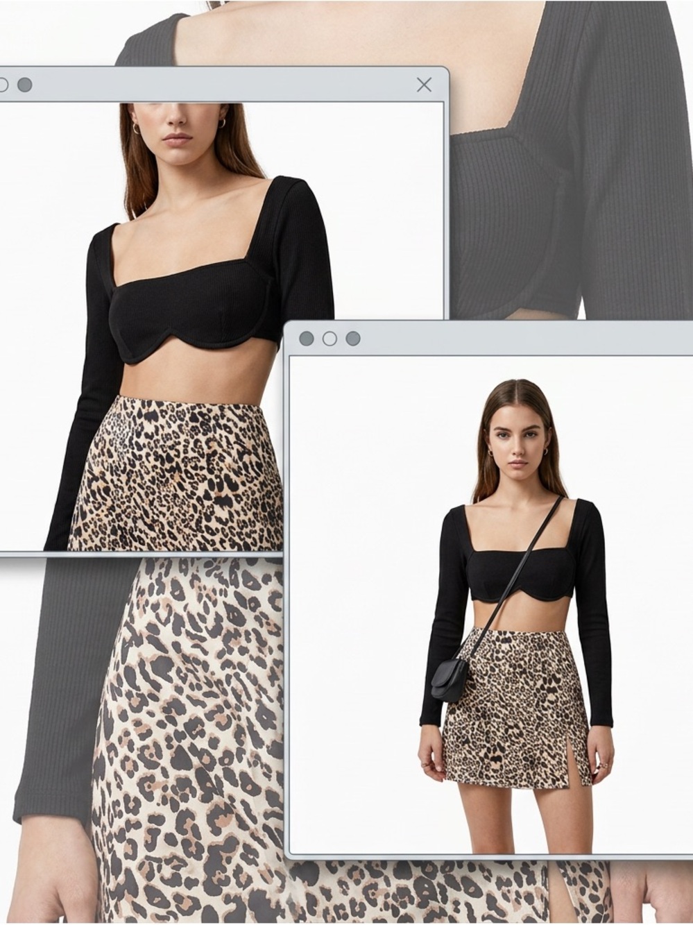SET Princess Polly Black and Tan Leopard Print Mini Skirt & Long Sleeve Crop Top